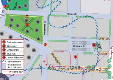  ?? ?? Architectu­ral designer Sean Walker’s What if Whakatu plan. And what if the reclaimed areas beyond the 1840 shoreline became a sponge zone? he writes.