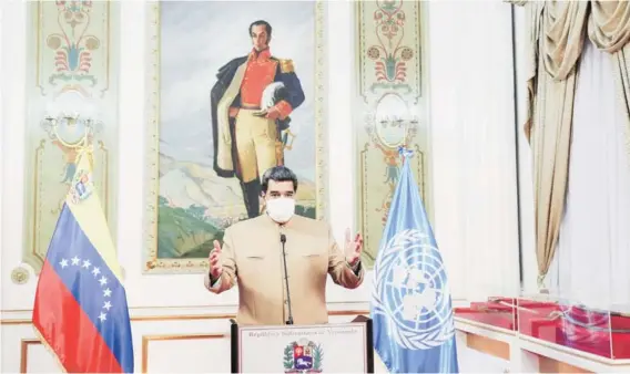  ??  ?? El Presidente de Venezuela, Nicolás Maduro, en su discurso para la 75ª Asamblea General de la ONU desde el Palacio de Miraflores, en Caracas.