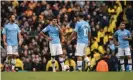  ??  ?? Manchester City players are disconsola­te after Wolves’ second goal guaranteed their defeat. Photograph: Oli Scarff/AFP via Getty Images