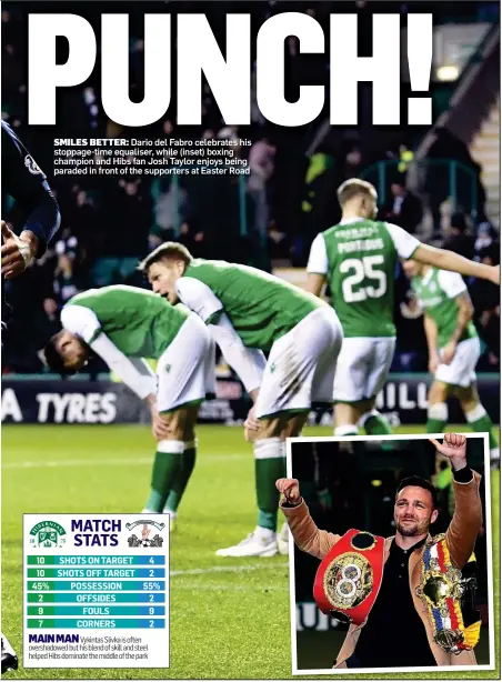  ?? ?? SMILES BETTER: Dario del Fabro celebrates his stoppage-time equaliser, while (inset) boxing champion and Hibs fan Josh Taylor enjoys being paraded in front of the supporters at Easter Road