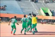  ?? HT PHOTO ?? Chennai City players celebrate Beautin Antony’s equaliser.