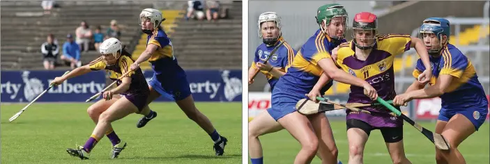  ??  ?? Wexford defender Mary Leacy gets to the ball ahead of Tipperary’s Nicole Walsh. Shelley Kehoe is outnumbere­d by Tipperary duo Caoimhe Maher and Clodagh Quirke.