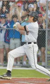  ?? SOUTHTOWN JON CUNNINGHAM/DAILY ?? Lincoln-Way West’s Dominic Saso smashes a walk-off RBI single in the ninth inning.