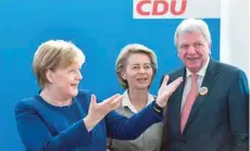  ?? — AFP ?? German Chancellor and leader of the Christian Democratic Union (CDU) Angela Merkel, Defence Minister and Deputy Chairwoman of CDU Ursula von der Leyen and Hesse’s State Premier and Deputy Chairman of CDU Volker Bouffier arrive at a Leadership meeting of the CDU party at their headquarte­rs in Berlin.