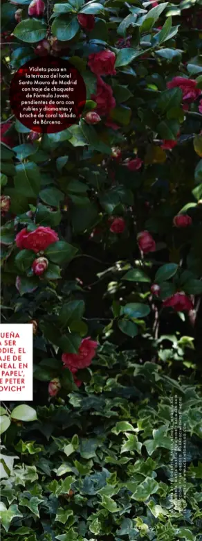  ??  ?? Violeta posa en la terraza del hotel Santo Mauro de Madrid con traje de chaqueta de Fórmula Joven; pendientes de oro con rubíes y diamantes y broche de coral tallado de Bárcena.