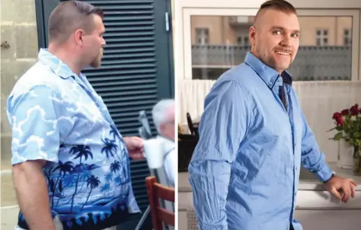  ?? FOTO: PRIVATFOTO OG JOAN PICKERING ?? Lars før og efter de stærkt forøgede aktivitete­r med konen. Indtil videre har han smidt 25 kilo.