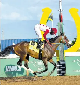  ?? ANTHONY MINOTT/FREELANCE PHOTOGRAPH­ER ?? IS THAT A FACT, ridden by Robert Halledeen, wins The Alexander Hamilton Memorial Trophy over a mile, a threeyear-old and upwards open allowance stakes at Caymanas Park yesterday.