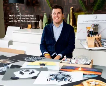  ??  ?? Henry with his paintings, which he shares on Twitter with his 70,000-plus followers