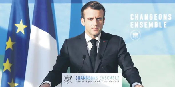  ??  ?? French President Emmanuel Macron delivers a speech after attending a meeting at the Elysee Palace, Paris, Nov. 27.