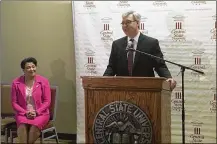  ?? MAX FILBY / STAFF ?? John Carey, chancellor of the Ohio Department of Higher Education, speaks at Central State University. Carey visited CSU on Thursday to announce the school had been removed from fiscal watch. CSU president Cynthia Jackson-Hammond also spoke about the...