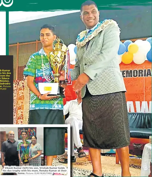  ?? Picture: SUPPLIED Picture: ELIKI NUKUTABU ?? Vrishab Kumar receives his dux prize from the former Education Minister, Aseri Radrodro last year.
Vikash Kumar (left) his son, Vrishab Kumar holds his dux trophy with his mum, Renuka Kumar at their home.