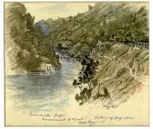  ?? MANAWATŪ HERITAGE ?? CLOCKWISE FROM LEFT: John Stewart’s signature can be seen in the bottom right of this 1874 watercolou­r drawing he did of the constructi­on of the Upper Gorge Bridge (Woodville end); an 1871 Stewart pencil and watercolou­r drawing of the building of the gorge road, looking up the gorge from westward; an 1874 drawing by Stewart of the Manawatū Gorge Rd looking towards Ashhurst.