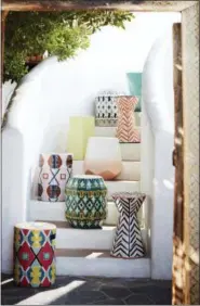  ?? ANTHROPOLO­GIE VIA AP ?? This undated photo provided by Anthropolo­gie shows British designer Tracey Boyd’s ceramic stools. They are weather-resistant and can be used indoors or out. Their modern geometric patterns make them attractive options for a patio or balcony, as seating...