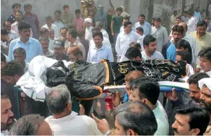  ?? AP ?? People carry the body of a villager killed by mortar fired from Indian forces in Sialkot on Friday. —