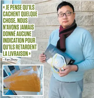  ??  ?? Fan Zhou, patron de Smartmi, à Montréal, montre quelques masques qu’il a actuelleme­nt en sa possession. Il est en isolement à Toronto où il se trouvait au début de la pandémie. PHOTOS COURTOISIE