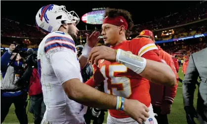  ?? Photograph: Ed Zurga/AP ?? Josh Allen and Patrick Mahomes greet each other after Sunday’s game.