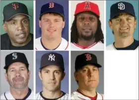  ?? THE ASSOCIATED PRESS ?? Top row from left are file photos showing San Francisco Giants’ Barry Bonds in 2017; Boston Red Sox’ Roger Clemens in 1987; Los Angeles Angels’ Vladimir Guerrero in 2009 and San Diego Padres’ Trevor Hoffman in 2008. Bottom row from left are Seattle Mariners’Â Edgar Martinez in 2017; New York Yankees’ Mike Mussina in 2008 and Boston Red Sox’ Curt Schilling in 2008.