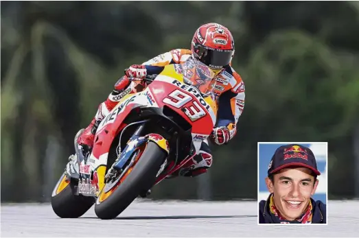  ??  ?? Playing safe:
Marc Marquez in action during the Shell Malaysia Motorcycle Grand Prix at the Sepang Internatio­nal Circuit on Sunday. Inset: Marquez, who was seventh on the starting grid, said he decided not to risk it all for a podium finish. — AP