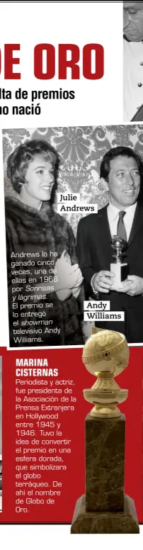  ??  ?? Julie Andrews Andy Williams Andrews lo ha ganado cinco veces, una de ellas en 1966 por Sonrisas y lágrimas. El premio se lo entregó el showman televisivo Andy Williams.