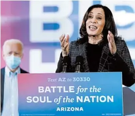  ?? CAROLYN KASTER/AP ?? Democratic vice presidenti­al nominee Kamala Harris was to appear in North Carolina and Ohio before it was announced a communicat­ions staffer tested positive for COVID-19.