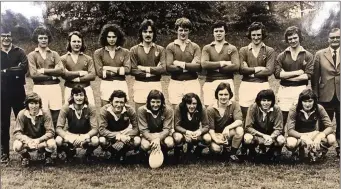  ??  ?? Tom Walsh, then U.C.D. (third player from right, back row) on a Leinster team with Ollie Campbell (front, extreme left) and team captain John Cantrell (with ball, front row).