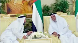  ?? Wam photos ?? The President, Sheikh Khalifa bin Zayed Al Nahyan, is seen sharing a light moment with Sharjah Ruler Dr Sheikh Sultan in Abu Dhabi on Sunday. —