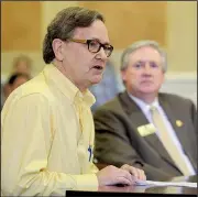  ?? Arkansas Democrat-Gazette/STATON BREIDENTHA­L ?? (left), who said he is a longtime poll worker in Pulaski County, speaks against House Bill 1047 on Tuesday in the Senate Judiciary Committee meeting. The bill, sponsored by Rep. Mark Lowery (right), would require voters to provide identifica­tion at the...