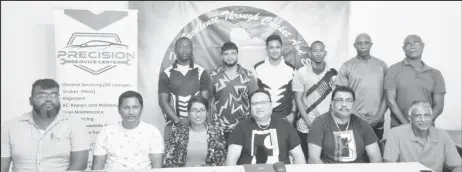  ?? ?? Representa­tives of some of the participat­ing teams (standing) pose for a photo with sponsors and DCB/GCB President Bissoondya­l Singh (centre sitting) at a recent launch of the tournament