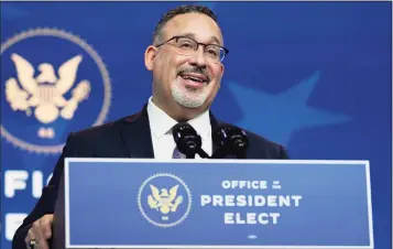  ?? Carolyn Kaster / Associated Press ?? Miguel Cardona, President-elect Joe Biden’s nominee for Secretary of Education, speaks after being introduced at The Queen Theater in Wilmington, Del., on Wednesday.