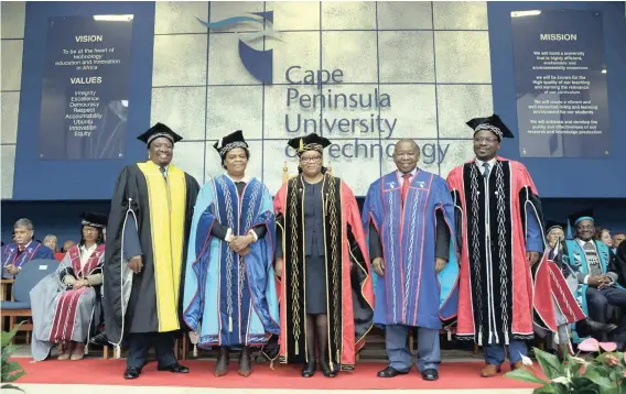  ??  ?? DIGNIFIED: (From left) Registrar Nikile Ntsababa, Nogolide Nojozi the Chair of Council, Thandi Modise newly installed Chancellor with Dr Blade Nzimande the Minister of Higher Education and Dr Chris Nhlapo, Acting Vice-Chancellor