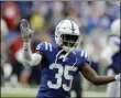  ?? DARRON CUMMINGS - THE ASSOCIATED PRESS ?? FILE - In this Sunday, Oct. 20, 2019file photo, Indianapol­is Colts’ Pierre Desir (35) reacts during the second half of an NFL football game against the Houston Texans in Indianapol­is. Two people with direct knowledge of the contract say the New York Jets and cornerback Pierre Desir have agreed to terms on a deal, Sunday, March 22, 2020.