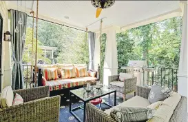  ?? JANICE DIETZ, THE CONSULTING HOUSE/ JOSHUA VICK ?? A rug, curtain panels, comfy seating, greenery and accessorie­s such as pillows make an outdoor living room conducive to entertaini­ng — or just spending some solo time.