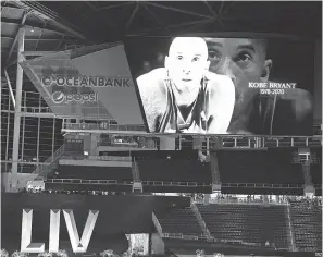  ?? KIRBY LEE/ USA TODAY SPORTS ?? A tribute is displayed for Lakers legend Kobe Bryant before Super Bowl LIV Opening Night at Marlins Park.