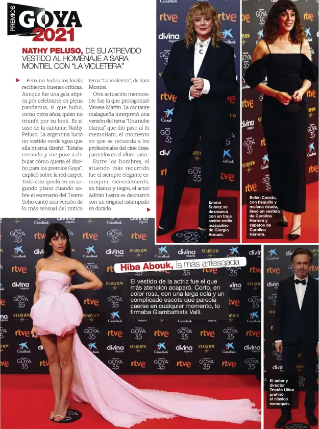  ??  ?? Emma Suárez se desmarcó con un traje sastre estilo masculino de Giorgio Armani.
Belén Cuesta, con flequillo y melena rizada, llevó un vestido de Carolina Herrera y zapatos de Carolina Herrera.
El actor y director Tristán Ulloa prefirió el clásico esmoquin.