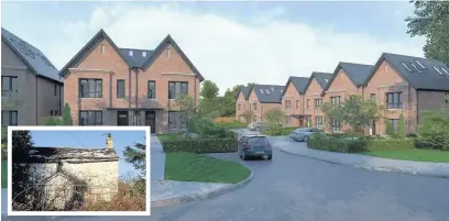  ??  ?? ●● An artist’s impression of new homes that are planned for the site of the old farmhouse on Birtles Road (inset) which is to be demolished