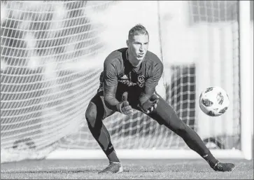  ?? Stephanie Romero L.A. Galaxy ?? “I’M VERY HAPPY to be here,” says Galaxy goalkeeper David Bingham, shown this week at training camp. In his first two years as a starter in San Jose, Bingham tied for the Major League Soccer lead with 20 shutouts.