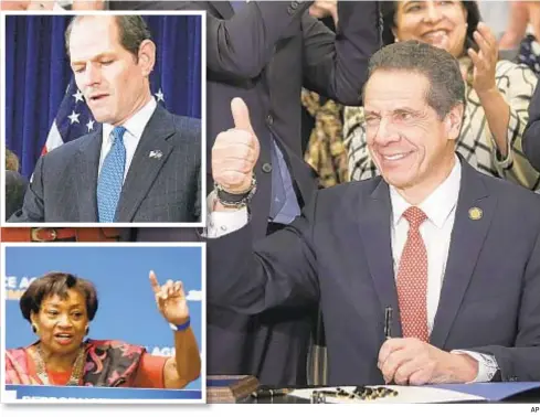  ?? AP ?? Gov. Cuomo (main photo) signing Child Victims Act last week, disgraced Gov. Eliot Sptizer resigning and Senate Majority Leader Andrea Stewart-Cousins becoming first woman to head New York State legislativ­e chamber are highlights of veteran Albany bureau chief’s career.