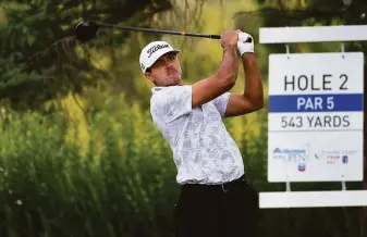  ?? Steve Dykes / Getty Images ?? Joseph Bramlett hits a tee shot during the Albertsons Boise Open last month. Bramlett, a Bay Area native, picked up his first pro victory Sept. 5 in the Korn Ferry Tour Championsh­ip.