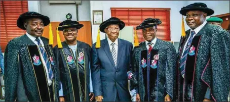  ??  ?? The Vice-Chancellor, Lead City University, Ibadan, Professor ‘Remi Adeyemo; Oyo State Governor, Abiola Ajimobi; the Chancellor, Professor Gabriel Ogunmola; the Vice-President and guest speaker, Professor Yemi Osinbajo; and the Pro-Chancellor/Chairman...