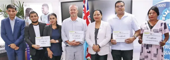  ?? Photo: DEPFTO News ?? From left: Permanent Secretary for Industry, Trade and Tourism Shaheen Ali, Zonah United business partner Samir Vohra, Zonah United general manager Naheeda Maqbool, Civa(Fiji) Pearls director Claude Prevost, Minister For Industry, Trade and Tourism Premila Kumar, Paper Source South Pacific (PTE) Ltd managing director Anuraj Singh and Tropical Aquarium Fish (Fiji) Ltd office manager Shakuntla Devi on July 22, 2019.