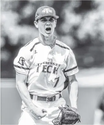  ?? THE ASSOCIATED PRESS ?? Tennessee Tech pitcher Ethan Roberts reacts after picking up the win against Missouri State in the Oxford Regional on Saturday in Oxford, Mississipp­i. Tennessee Tech won 6-4.