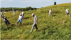  ?? Foto: dpa ?? Auf der Suche nach dem Golfball stapfen Peter Uihlein (Mitte) und mehrere Ordner durch das hohe Gras.