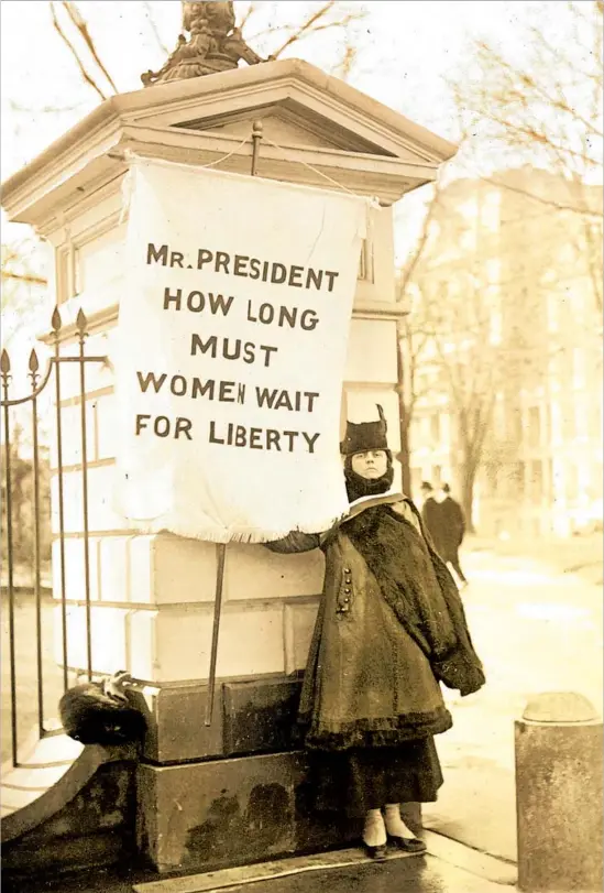  ?? Library of Congress ?? SUFFRAGIST Alison Turnbull Hopkins at the White House in January 1917. Protesters were imprisoned at Occoquan Workhouse in Virginia, now an art center.