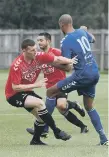  ?? ?? Horden CW (red) in action against Jarrow.