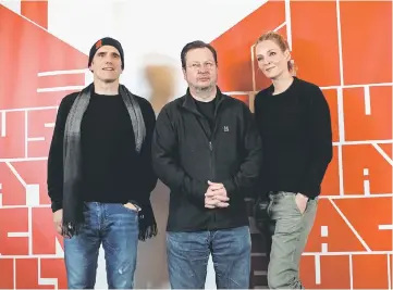 ??  ?? Dillon, Thurman and director von Trier pose during a press meeting about von Trier’s new film ‘The House That Jack Built’, in Bengtsfors, Sweden on Tuesday. — Reuters photo