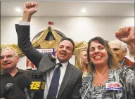  ?? Brian Pounds / Hearst Connecticu­t Media ?? Bridgeport Mayor Joe Ganim cheers after winning the Democratic mayoral primary on Tuesday in Bridgeport. At right is his sister Roseanne Ganim.