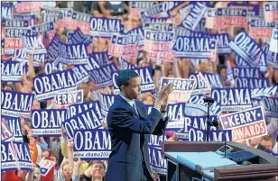  ?? THE ASSOCIATED
PRESS ?? Keynote speaker Barack Obama, candidate for the Senate from Illinois, speaks to delegates during the Democratic National Convention at the Fleet Center in Boston on July 27, 2004.