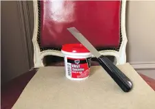  ??  ?? 2. You will need paint, spackling paste, a small putty knife, a towel or sponge, sandpaper and a paint brush. If you don’t have leftover paint, take a small chip of paint from the already damaged wall and have it colour-matched at your paint or...