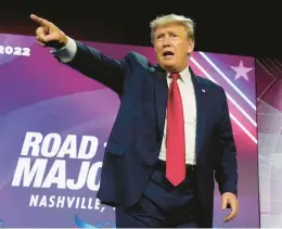  ?? MARK HUMPHREY/AP ?? Former President Donald Trump points to the crowd as he leaves the stage after speaking at the Faith and Freedom Coalition event Friday in Nashville, Tennessee.