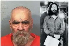  ?? CALIFORNIA DEPARTMENT OF CORRECTION­S AND REHABILITA­TION, LEFT, AND WALLY FONG, RIGHT, VIA AP, FILE ?? FILE - This combinatio­n of file photos shows Charles Manson on Aug. 14, 2017, left, in a photo provided by the California Department of Correction­s and Rehabilita­tion, and on Dec. 22, 1969, right, leaving a Los Angeles courtroom. Fifty years ago, Manson dispatched a group of disaffecte­d young hippie followers on a two-night killing spree that terrorized Los Angeles. On successive nights in August 1969, the socalled Manson family murdered seven people. Manson died in prison on Nov. 19, 2017.